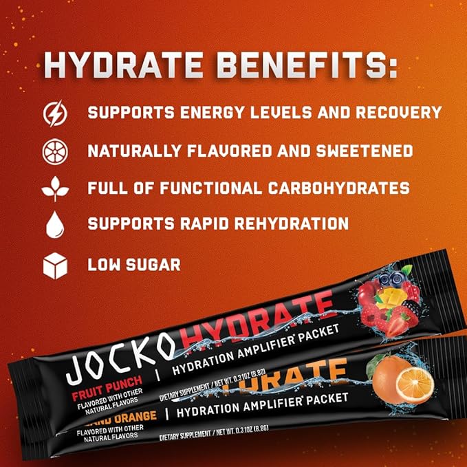 Jocko Fuel Hydrate Electrolytes Powder Packets Low Sugar - Hydration Amplifier Packets for Recovery, Dehydration, & Exercise - with Vitamins B6, B12 & C (16 Packets) Island Orange