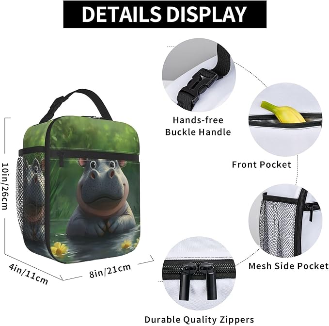 Insulated Lunch Box for Women Men, Hippo Theme Lunch Box Reusable Portable Lunch Bag Cooler Tote Waterproof Lunch Container for Office Picnic Work Travel