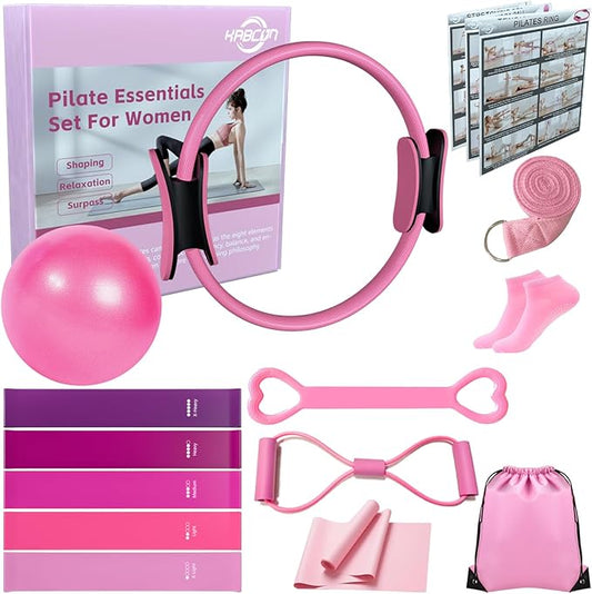 KABCON Pilates Equipment Essentials Set for Women at Home with Complete User Guide,13” Pilates Ring,9.8” Exercise Ball,Resistance Bands,Yoga Socks,Yoga Strap,13/14/16-Pcs Starter Workout Set