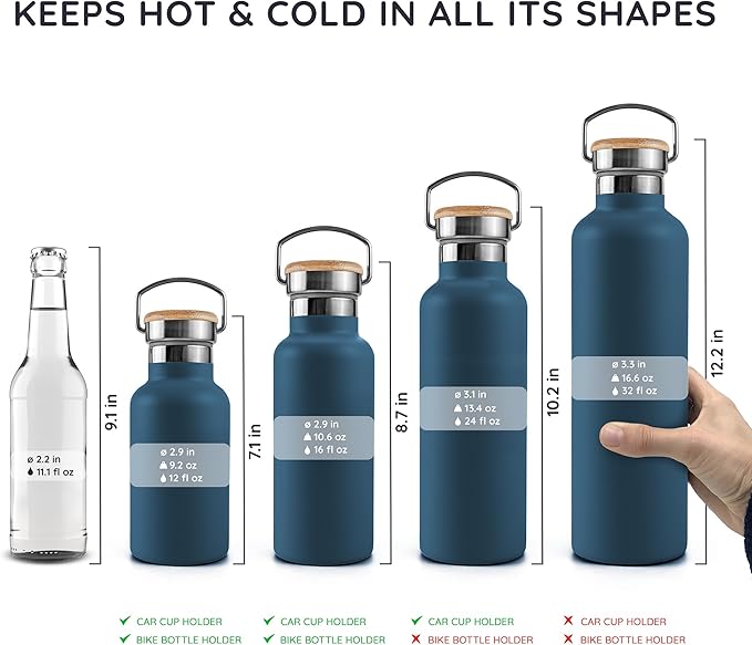 Bambaw Insulated Water Bottle 24oz, Blue Water Bottle for Hiking, Stainless Steel Water Bottle, Water Bottle with Handle, Metal Water Bottle Wide Mouth, Steel Water Bottle – Aegean Blue