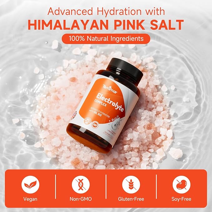 Electrolyte Capsules, Advanced Hydration Electrolytes with Himalayan Salt, Potassium, Magnesium, Calcium, B6 & B12, for Muscle & Energy Support, Made in USA, 120 Vegan Capsules