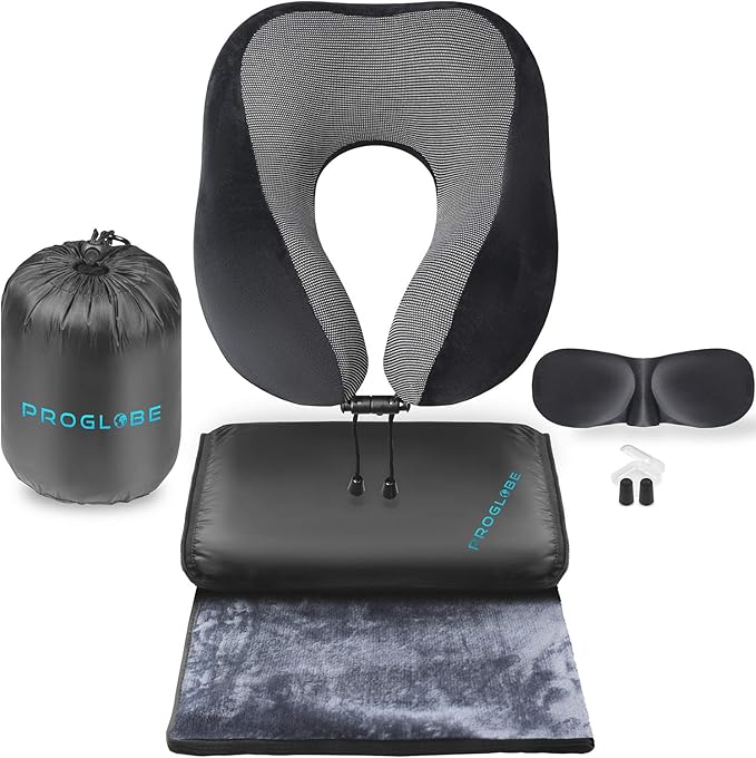 Proglobe Travel Blanket Luxury Travel Set - Ergonomic Airplane Neck Pillow 100% Pure Memory Foam and Super Soft Fleece Blanket - Premium 3D Sleep Mask & Earplugs - Ultimate 4-in-1 Traveling Kit Black