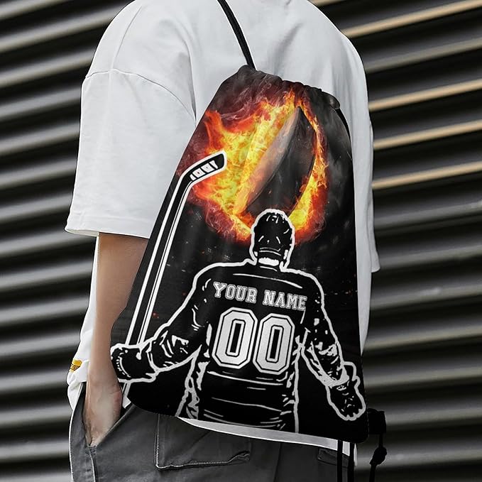 Custom Hockey Drawstring Backpack - Cool Cinch Sack, String Backpacks for Kids Women Men Boys Girls for Gym Outdoor Sports Travel Athletic Drawstring Bag - Lightweight/Foldable