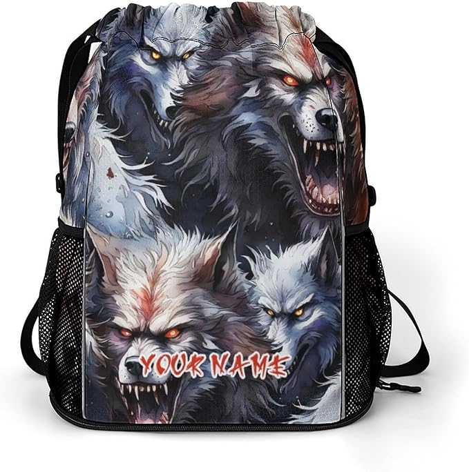 Custom Wolf Drawstring Backpack - Cute Cinch Sack, String Backpacks with Pocket for Women Men Kids Boys Girls for Gym Outdoor Sports Travel Athletic Drawstring Bag - Lightweight/Foldable