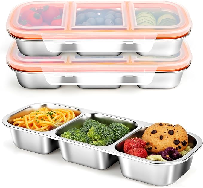 Stainless Steel Snack Containers, Reusable Snack Containers with Lids Stainless Steel Lunch Box with 3 Compartment Divided Food Storage for Home Work Travel Outdoor Camping (Orange 3 Pack)