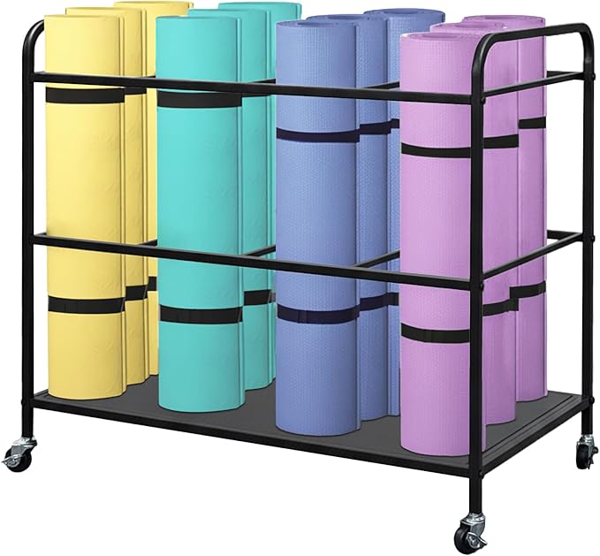 Yoga Mat Storage Basket,Yoga Mat Rack with Lockable Wheels,Holds up to 90lbs Gym Equipment Organizer Holder for Dumbbells, Kettlebells and Foam Rollers (Black)