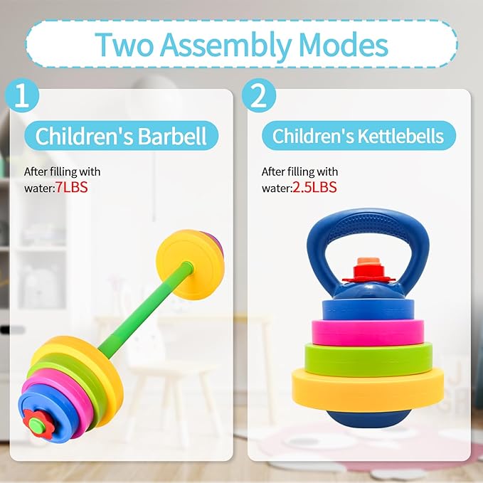 3-in-1 Kids Fitness Set with Adjustable Barbell, Kettlebell & Reusable Water Bottle – Kids Gym Equipment for Pretend Play Exercise, Fun Fitness Toys for Boys & Girls Home Workout