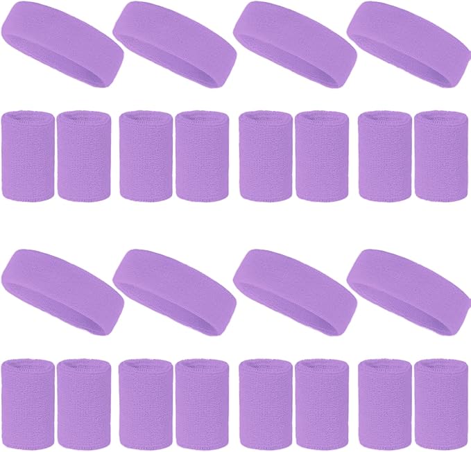 24 Pcs Neon Sweatbands Set Include 8 Pcs Sports Headband and 16 Pcs Cotton Wristbands 80s Neon Sweat Bands Bulk for Gym, Tennis, Basketball, Running, Exercise