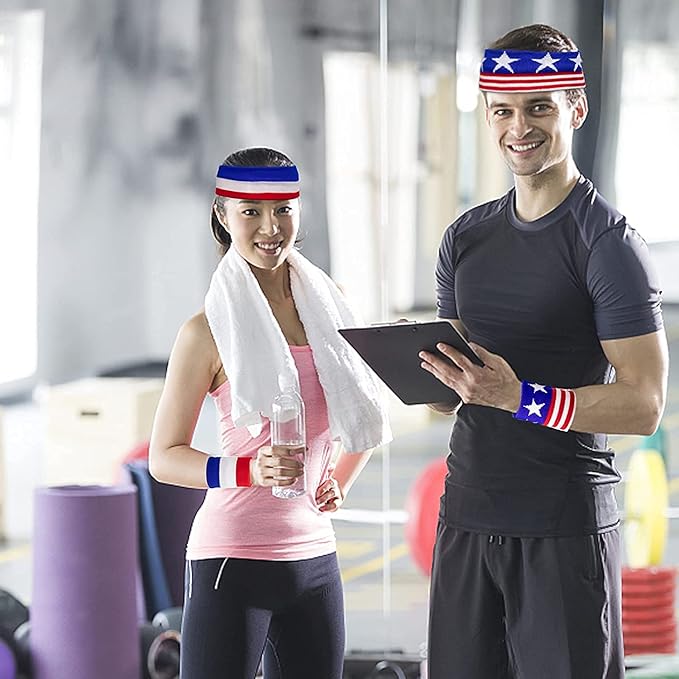 American Flag Sports Headband and Wristband- Striped Sweatband Set for Basketball, Football, Running, Gym, Exercise