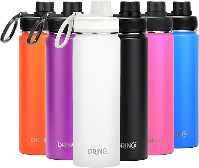 DRINCO Stainless Steel Water Bottle Spout Lid Vacuum Insulated Double Wall Water Bottle Wide Mouth (40oz 32oz 22oz 18oz 14oz) Leak Proof Keeps Cold or Hot (22 oz, 22oz Artic White)