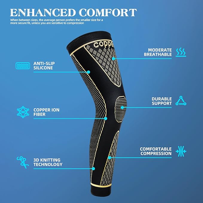 SKDK Copper Full Leg Sleeves Long Compression Leg Sleeve Knee Sleeves Protect Leg for Man Women Basketball, Arthritis Cycling Sport Football, Reduce Varicose Veins and Swelling of Legs