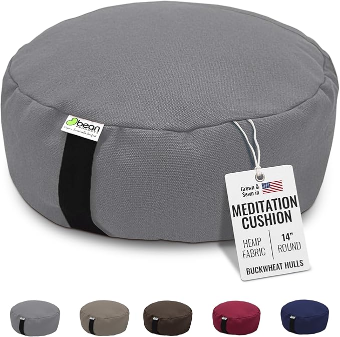 Bean Products Hemp Zafu Meditation Cushion for Sitting on Floor, Hemp Yoga Pillow, Zafu Meditation Pillow, Zen Seiza Kneeling Prayer Pad Support - Made in USA - Round Shadow Gray