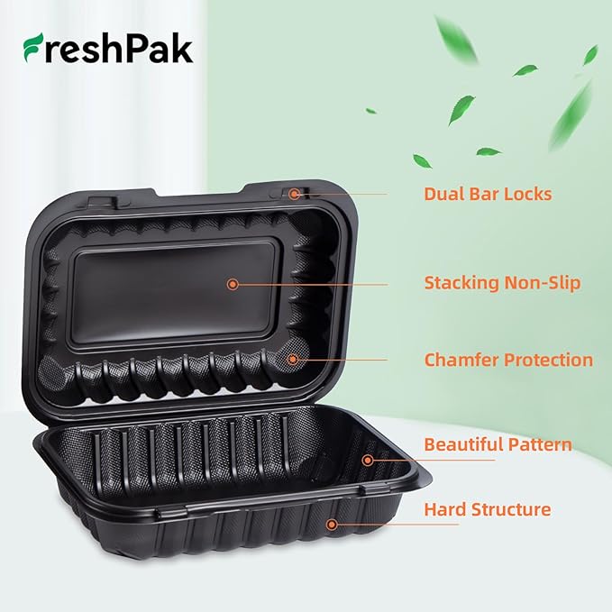 FRESHPAK Plastic Containers Mineral Filled PP - 50 Pack 9x6 27 oz Shrink Wrap BPA Free | Stackable Meal Prep Clamshell Food Container | Reusable Microwave Safe Leftovers Takeout | Catering To Go Box