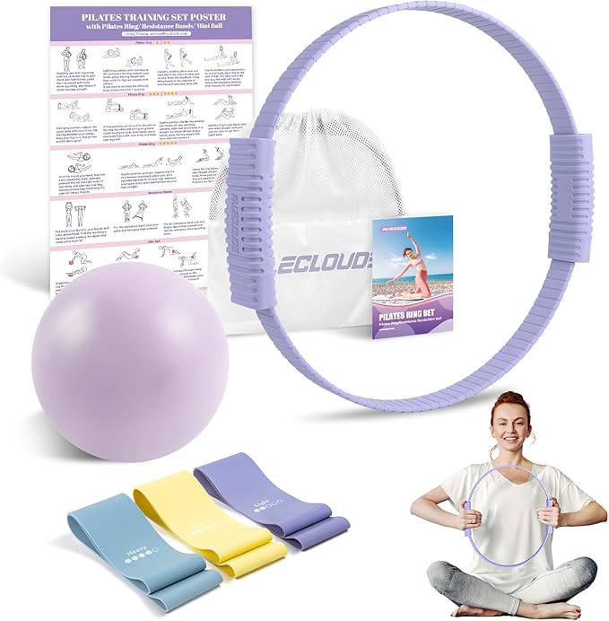 Pilates Essentials Kit for Women, 13.5" Pilates Ring and Ball Set with Resistance Bands for Home Workouts, Portable Pilates Kit with Bag & Training Poster for Full Body Exercise