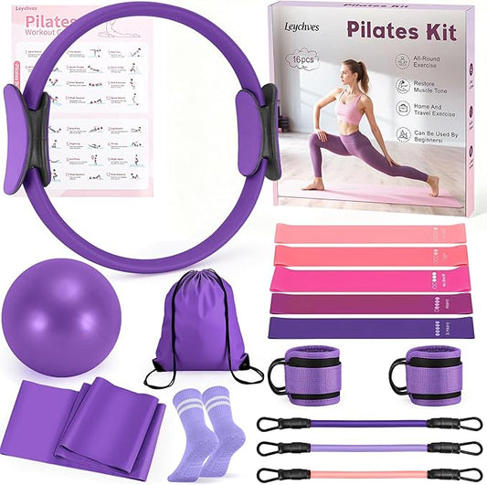 Pilates Essentials Kit for Women, 14-Inch Magic Circle Home Pilates Equipment with Pilates Ring and Ball Set, 5 Resistance Bands & Accessories for Home Workouts Beginners Essentials Starter Set