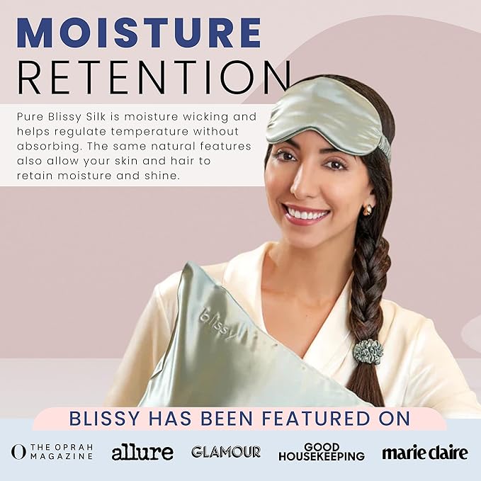 BLISSY Silk Sleep Mask - Mulberry Silk 22 Momme 6A Fibers - Complete Blackout - Hypoallergenic - Pull On - Matcha