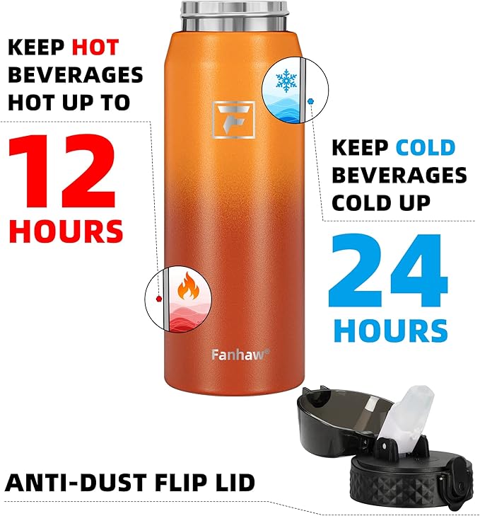 Fanhaw 24 Oz Stainless Steel Insulated Sports Water Bottles with Straw for Kids, Men and Women (Yellow Orange)