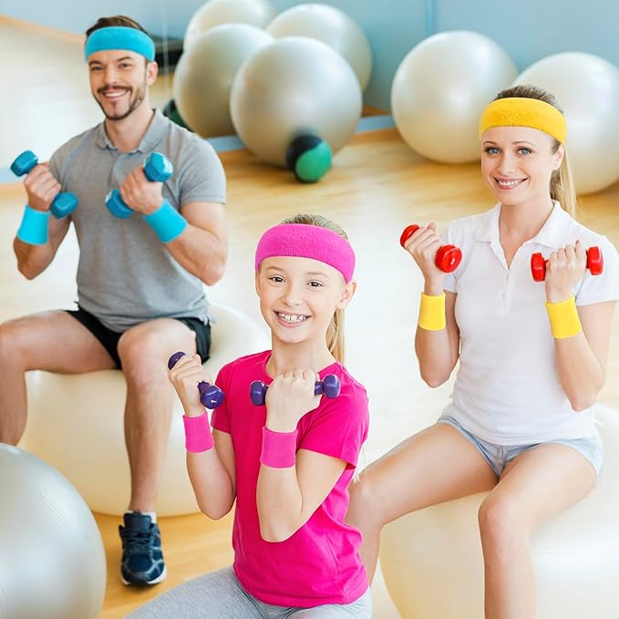 Skylety 18 Pcs 80s Neon Sweatband Set,12 Colorful Wristband Elastic Athletic Sweatband 6 Headband Sweat Wicking Tennis Basketball Sport Competition Supplies for Men Women Gym Running