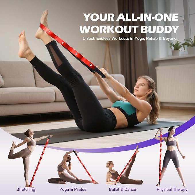 Stretching Strap with Loops - Non Elastic Yoga Straps for Physical Therapy, Durable Stretch Bands for Exercise, Flexibility Training, Hamstring & Leg Stretcher, Yoga/Pilates/Gymnastics