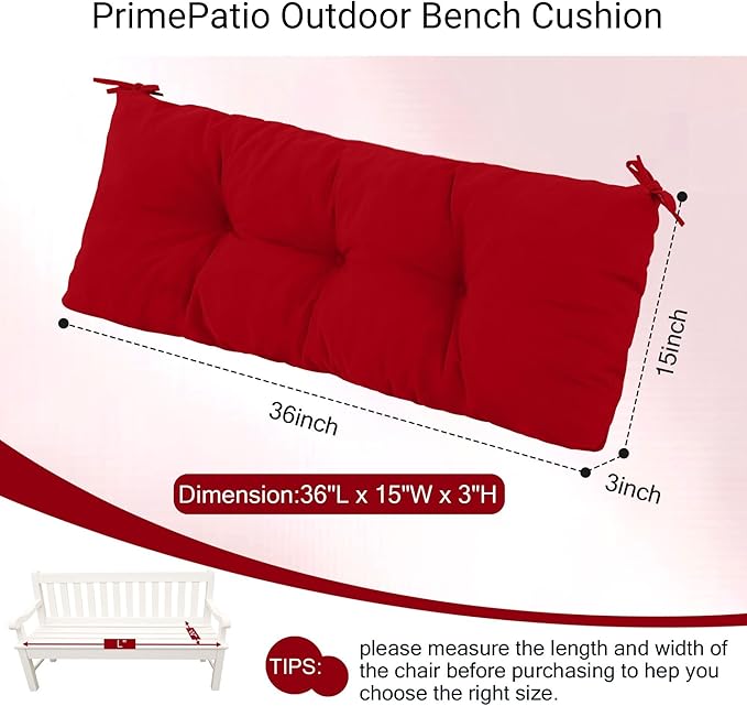 Outdoor Bench Cushion Waterproof, Tufted Bench Seat Cushion 36 x 15 Inch, Patio Wicker Indoor Seat Pads for Outside Garden Patio Balcony, Red