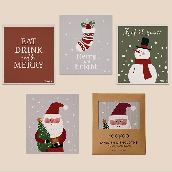 RECYCO 4 Pack Christmas Swedish Dishcloths for Kitchen | Classic Red Washable Dish Towels | Cellulose Reusable Cleaning Paper Towels | Absorbent Counter Dish Cloth Sponge Kitchen Wipes, 7" x 8"