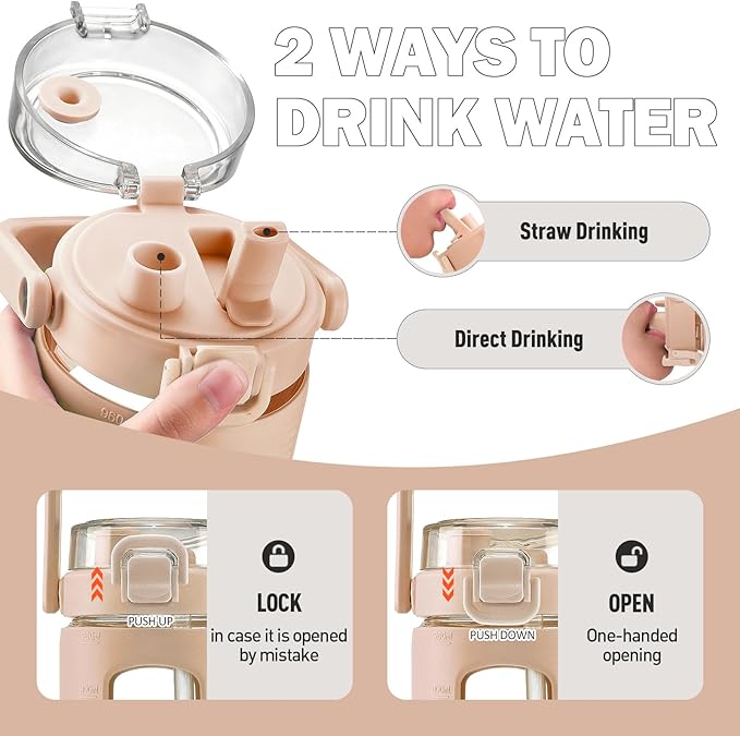 BLUEGO 32oz Glass Water Bottle with Handle and Straw|Leakproof Sports Glass Bottle with Time Marker and Silicone Sleeve|Glass Drinking Bottle for Travel, Gym, Workout, Amber