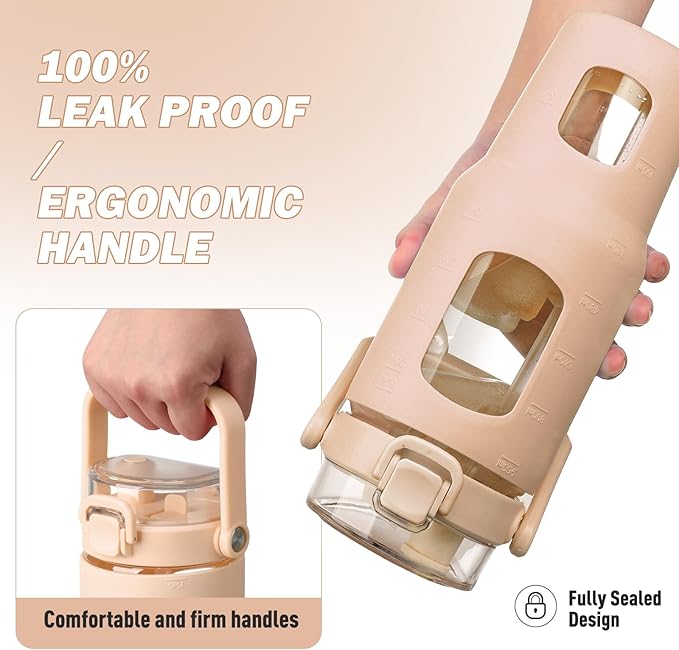 BLUEGO 32oz Glass Water Bottles with Straw Time Marker Half Gallon Large Motivational Water Bottle with Silicone Sleeve 2 Liter Large Glass Water Jug for Gym, Sports& Workout, Daily, Amber