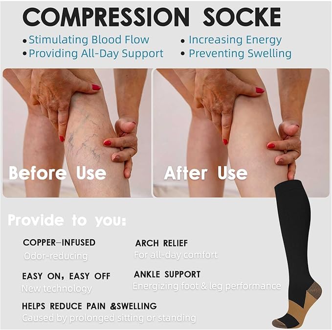 Graduated Compression Socks for Women&Men 20-30mmhg Knee High Socks Travel Hiking Running Stocking
