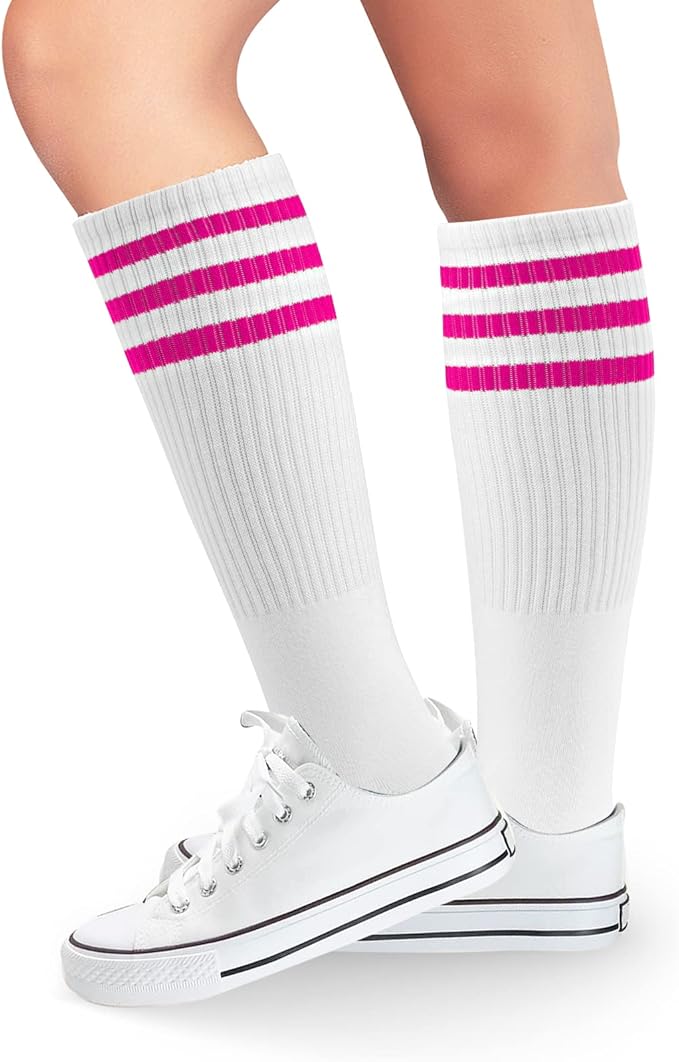 ONUPGO 5 Pieces Sweatbands Striped Socks Set Sports Headband Wristbands High Tube Socks 80s Accessories Costumes