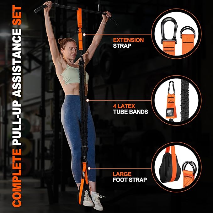 Pull Up Assistance Bands Set - 4 Heavy Duty Resistance Bands 300lbs, Adjustable Weight/Size with Footrest for Home Gym Strength Training