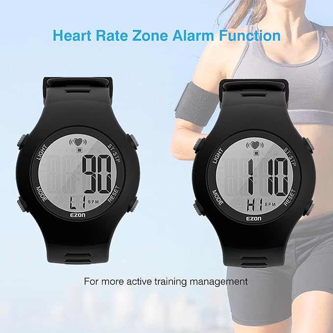 EZON Heart Rate Monitor Chest Strap and Digital Watch,5ATM Waterproof Fitness Tracker with HRM,Calories Burned,Stopwatch and Hourly Chime - Ideal Fitness Presents for Men and Women