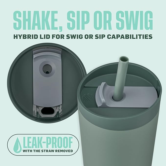 BlenderBottle 2-in-1 Insulated Stainless Steel Shaker Tumbler, Swig Leakproof Lid, Straw, BlenderBall, BPA Free, For Protein Shakes, Smoothies, And Pre Workout, 24 oz, Green (Seaglass)