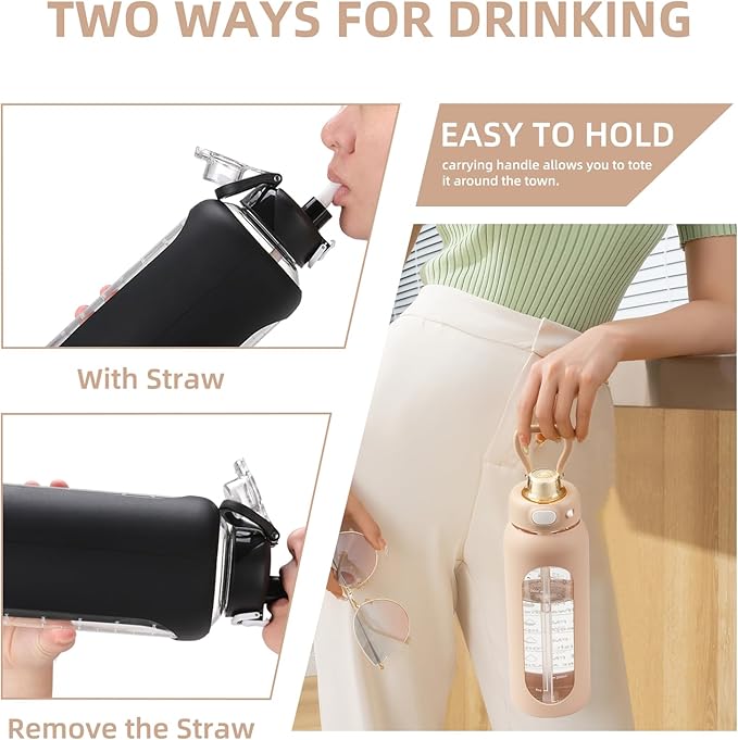SIEROZUR 32 Glass Water Bottle with Straw and Handle Motivational Water Bottles with Silicone Sleeve and Time Marker Leakproof Borosilicate Water Bottle for Gym Home Office
