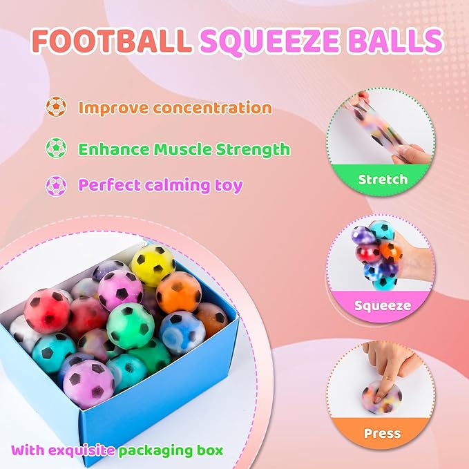 24 Pack Fidget Stress Balls for Adults, Stress Relief Sensory Soccer Stress Ball, Bulk Squishy Squeeze Ball Set for Birthday Gift, Soccer Party Favors, Adult Goodie Bag Stuffers