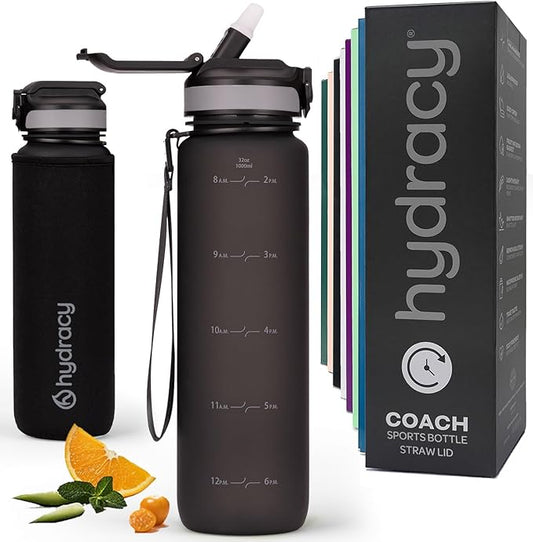 Hydracy Water Bottle with Time Marker -Large BPA Free Water Bottle & No Sweat Sleeve -Leak Proof Gym Bottle with Fruit Infuser Strainer & Times to Drink -Ideal for Fitness Sports & Outdoors