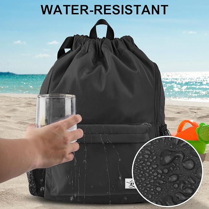 Drawstring Backpack with Mesh Pockets String Gym Bag Sackpack Sandproof Water Resistant Beach Backpack for Men Women
