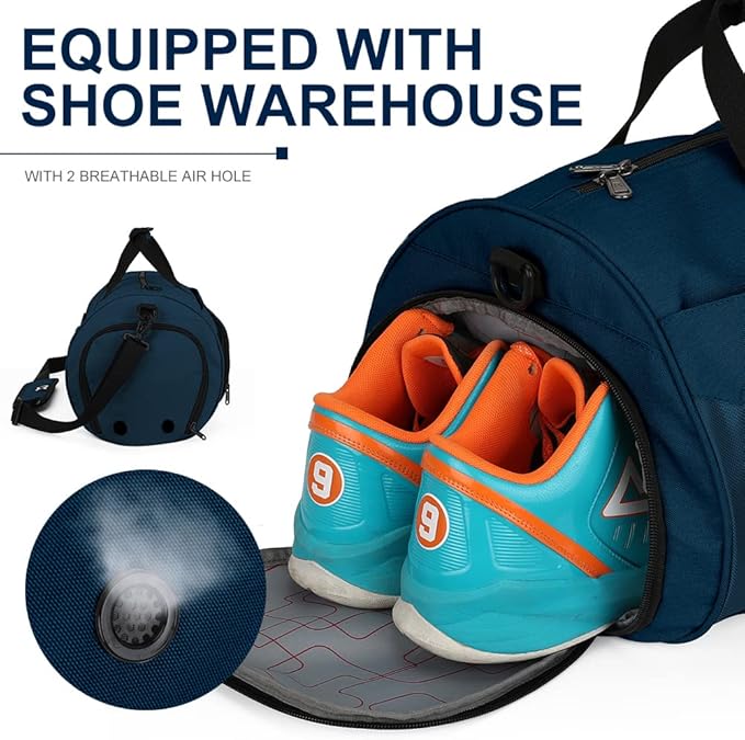 INOXTO Small Sports Gym Bag，Travel Duffel Bag with Dry Wet Pocket and Shoes Compartment for Women and Men，35L Waterproof Weekender Fitness bag For Swim Sports Travel Working Out (blue)