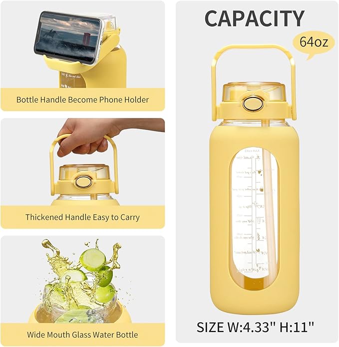 64oz Glass Water Bolttles with Straw Half Gallon Large Motivational Water Bottle with Time Marker Sports Water Bottles with Silicone Sleeve and Handle Lid Water Jug for Gym Workout