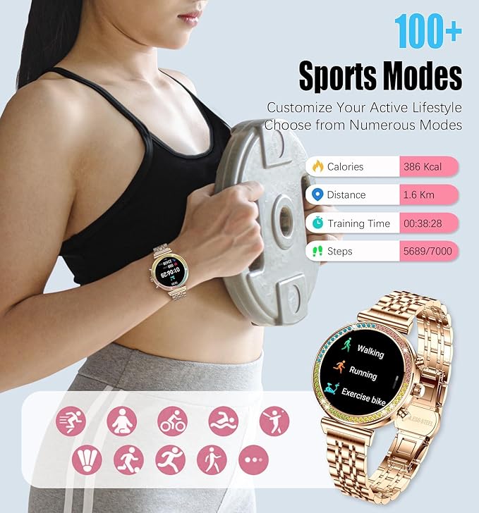 Fitness Smart Watch for Women, 1.27" HD Display, Bluetooth Calls, Waterproof Sports Women's Smartwatch, Heart Rate Monitor, Pedometer – Compatible with Android & iOS (Full Gold)