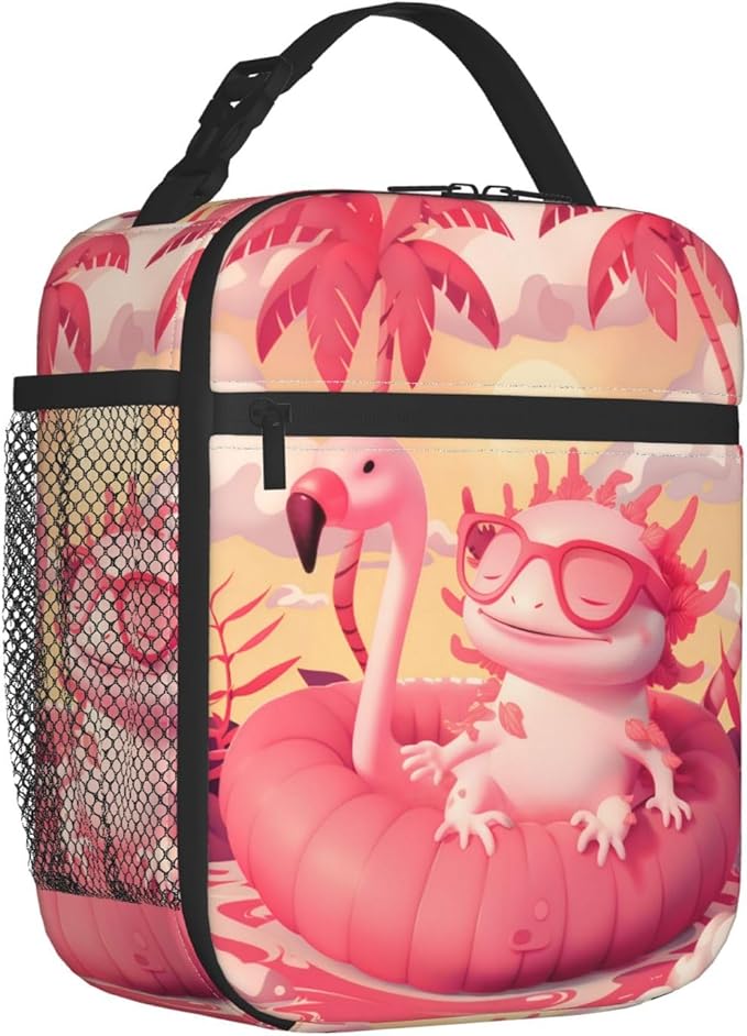 Insulated Lunch Box for Women Men, Flamingo Axolotl Theme Lunch Box Reusable Portable Lunch Bag Cooler Tote Waterproof Lunch Container for Office Picnic Work Travel
