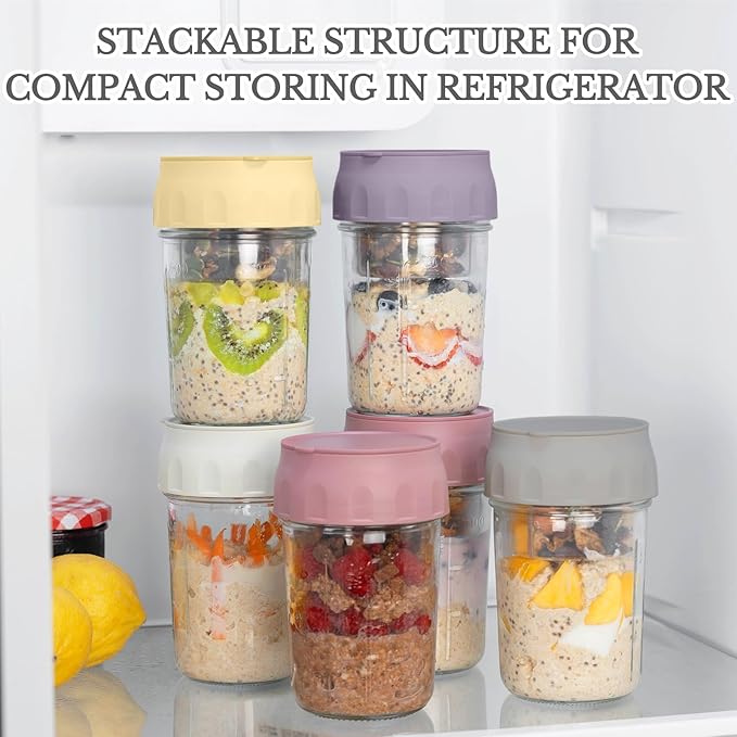 SOLIGT Overnight Oats Containers with Lids, Folding Spoons and Divided Compartment for Fruit & Nuts, Small Glass 16oz Mason Jars for Oatmeal Yogurt Parfait (2 Set-Smoke Gray/Oat White)
