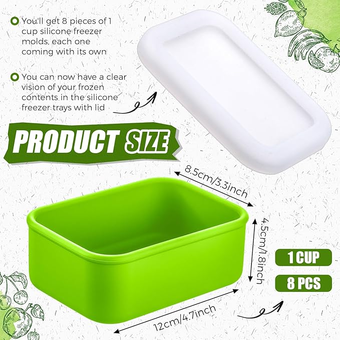 Nuogo 8 Pcs 1 Cup Silicone Freezer Containers with Lid Soup Freezer Molds Silicone Soup Containers Rectangle Trays Reusable Food Preserving Tray Ice Trays for Soups Sauces Stews(Green)