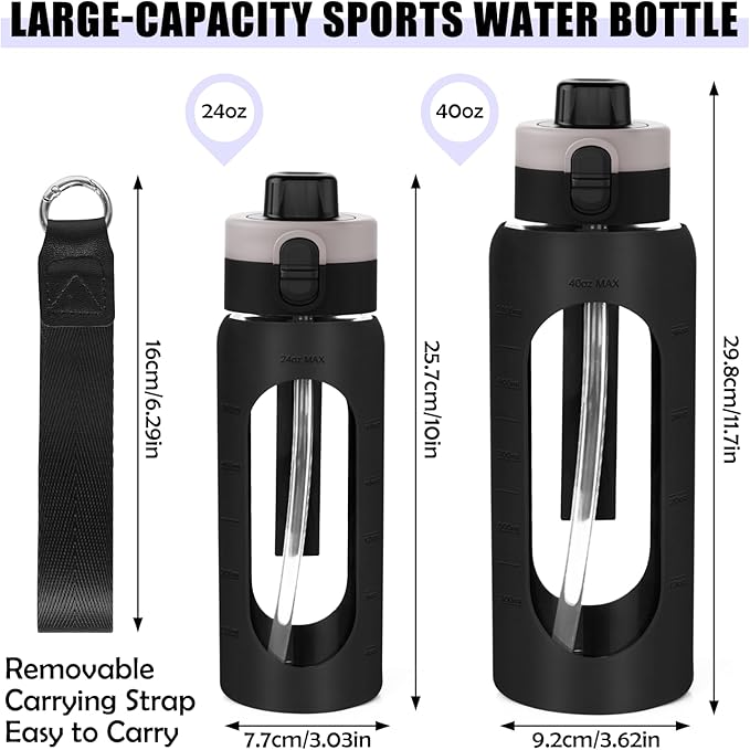 ANOTION 40OZ Glass Water Bottle, Large Sports Water Bottle with Dual-Drink Lid Clear Leakproof Glass Bottles with Straw, Motivational Jug with Silicone Sleeve and Time Marker for Travel Gym-Black
