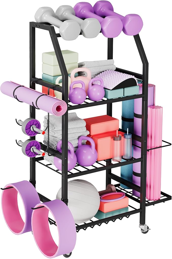 Homeiju Dumbbell Rack, Weight Rack for Home Gym, Yoga Mat Storage Holder with Lockable Wheels, Dumbbell Stand with Hooks, All in One Work out Equipment Storage for Yoga Mat Dumbbell and Balls