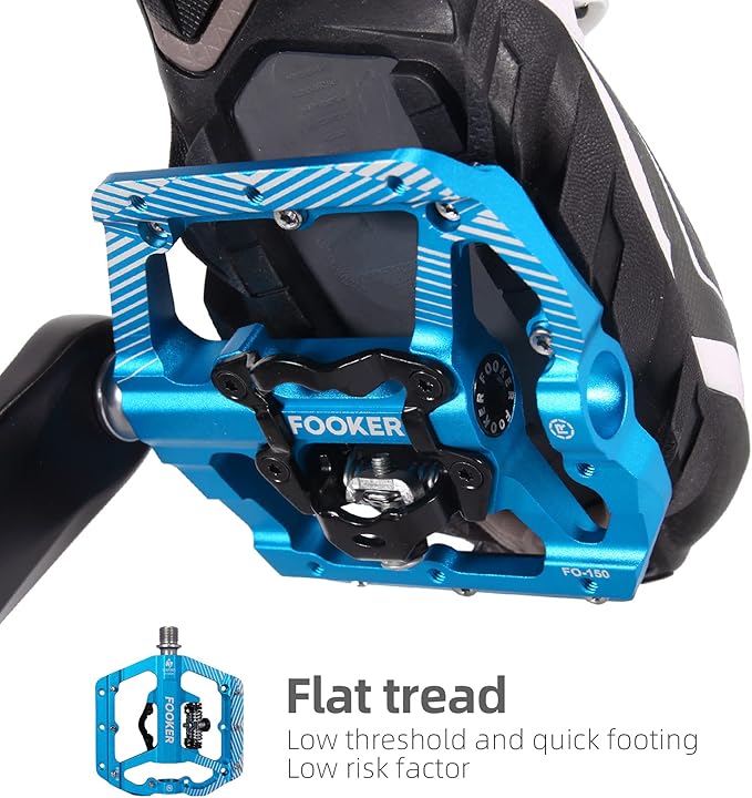 FOOKER MTB Mountain Bike Pedals 3 Bearing Flat Platform Compatible with Dual Function Sealed Clipless Aluminum 9/16" Pedals with Cleats for Road