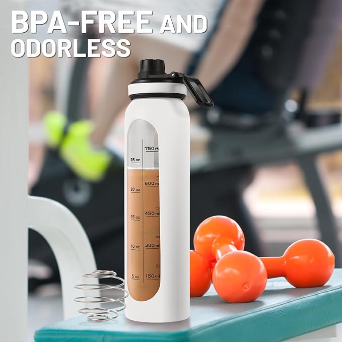 Glass Shaker Bottle 34oz/1L White Glass Protein Shaker Bottle With Shaker Ball Large Shaker Bottles for Protein Mixes Portable Powder Mixer Blender Water Bottle for Gym Workout Sports