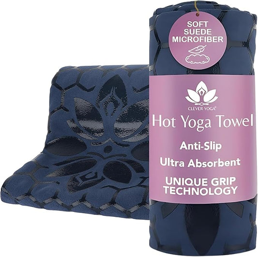 Clever Yoga Hot Yoga Mat Towel – Non-Slip Grip for Hot Yoga, Sweat Absorbent, Honeycomb Silicone Grip, Stays Flat – Ideal for Pilates, Travel, Washable & Lightweight - Dark Blue