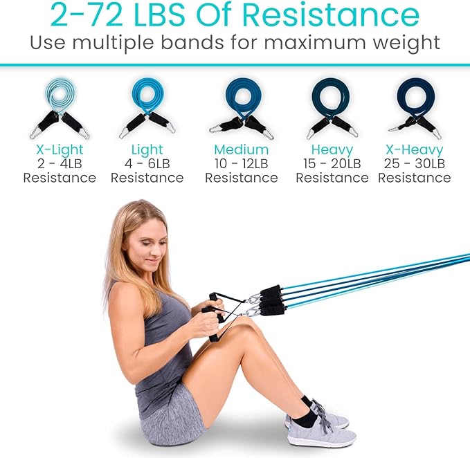 Vive Resistance Bands with Handles (11 Pcs) - Tube Rehab Band Set - Shoulder Pulley Door Anchor - 2 to 70 LBs Tension - Home Workout Elastic Fitness Equipment - Men, Women Training Therapy
