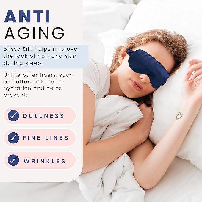 Blissy Silk Sleep Mask - Silk Eye Sleeping Mask for Women & Men for Total Blackout - 100% Pure Mulberry Silk, 22 Momme 6a Fibers - Blindfold Silk Sleep Mask Side Sleeper Eye Cover (Blue)