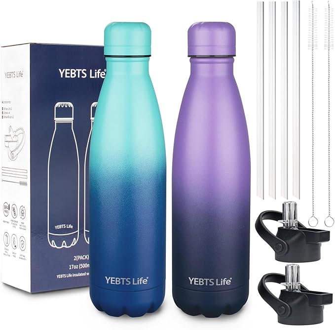 Insulated Water Bottle, 2 Pack-17oz Stainless Steel Water Bottles with straw lid, Metal Sports Water Bottles for Boys,Girls, Double Wall Vacuum BPA-Free Flask for School (Purple-Ocean Dream)